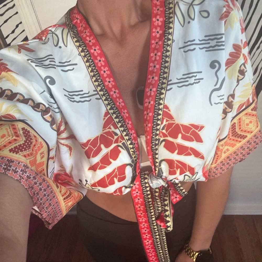 Floral Kimono Sleeve Tie-Front Top - Picture 1 of 2
